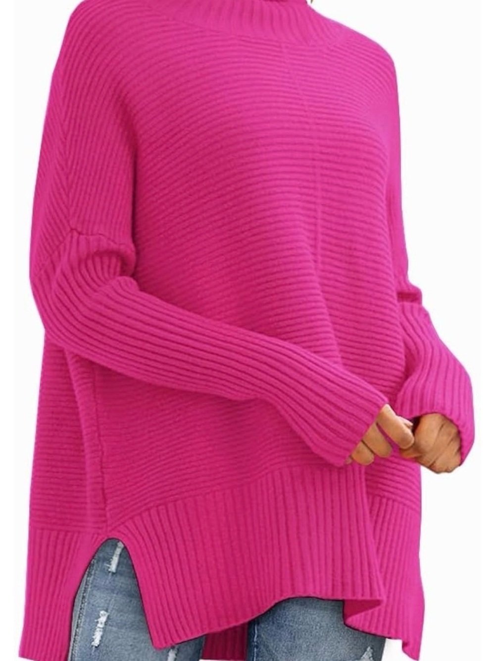 Hot pink oversized turtleneck sweater Chunky knit Cozy pullover minimalist